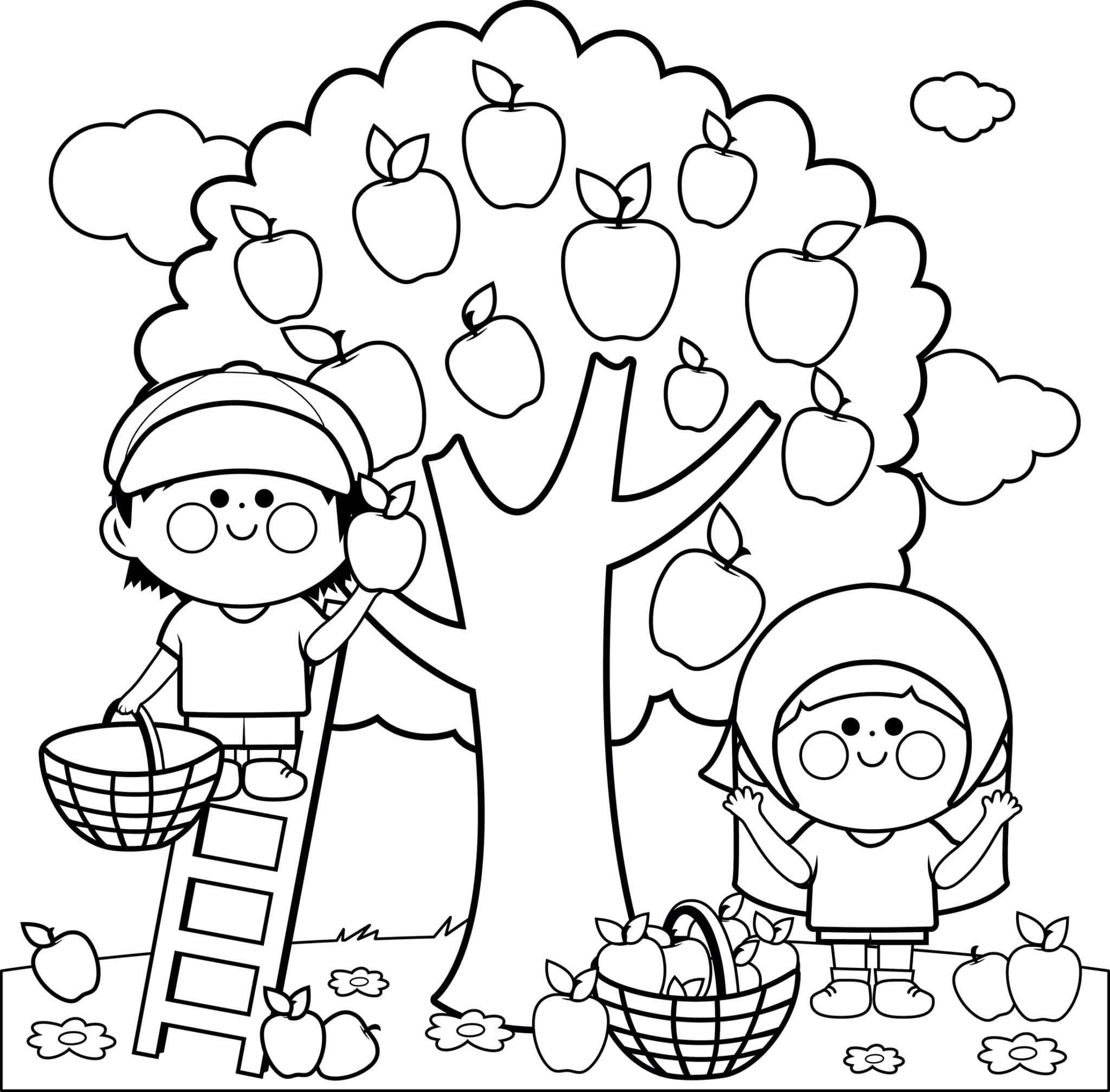 printable coloring page that depicts children picking apples