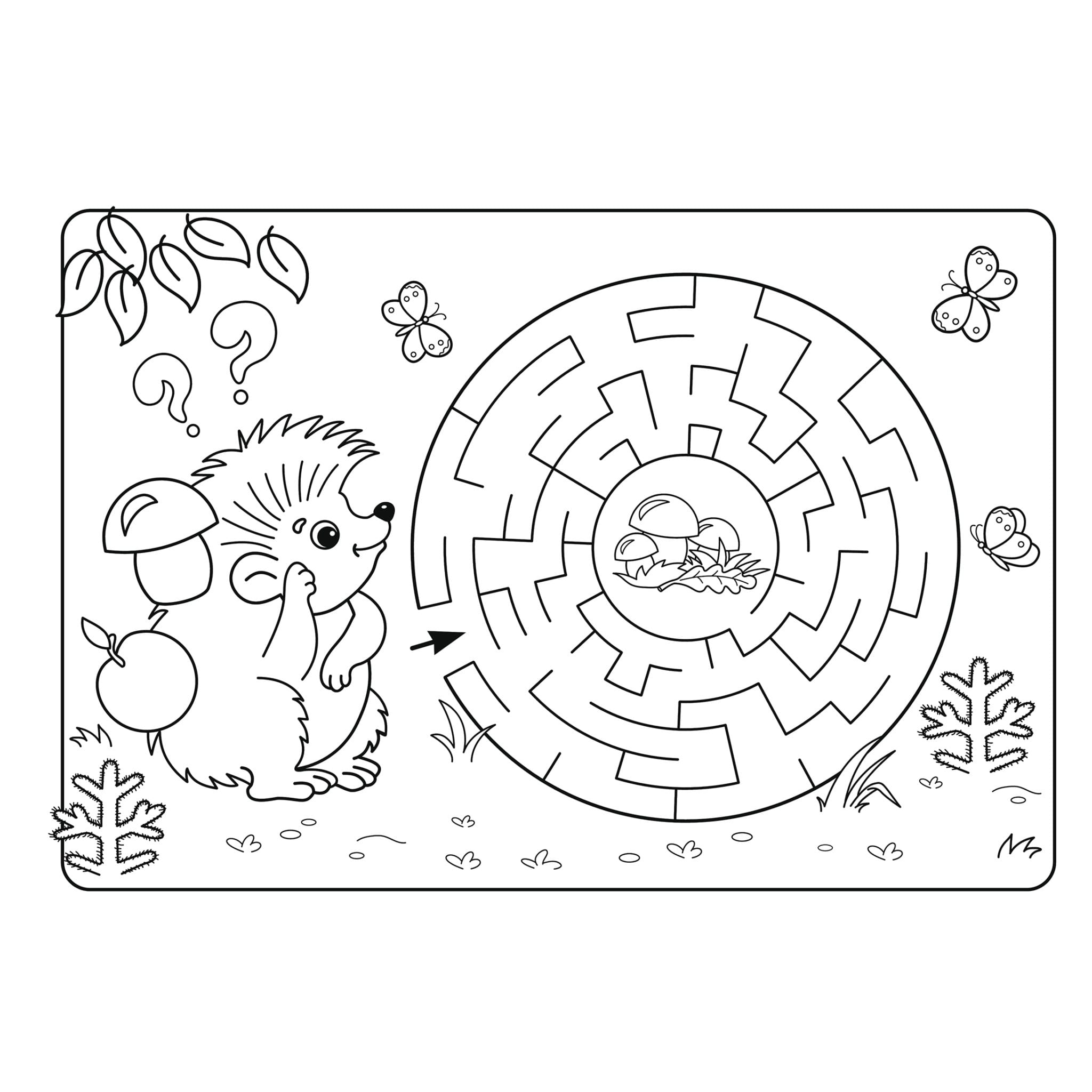 printable coloring page that  has a maze game and a pictures of a hedge hog