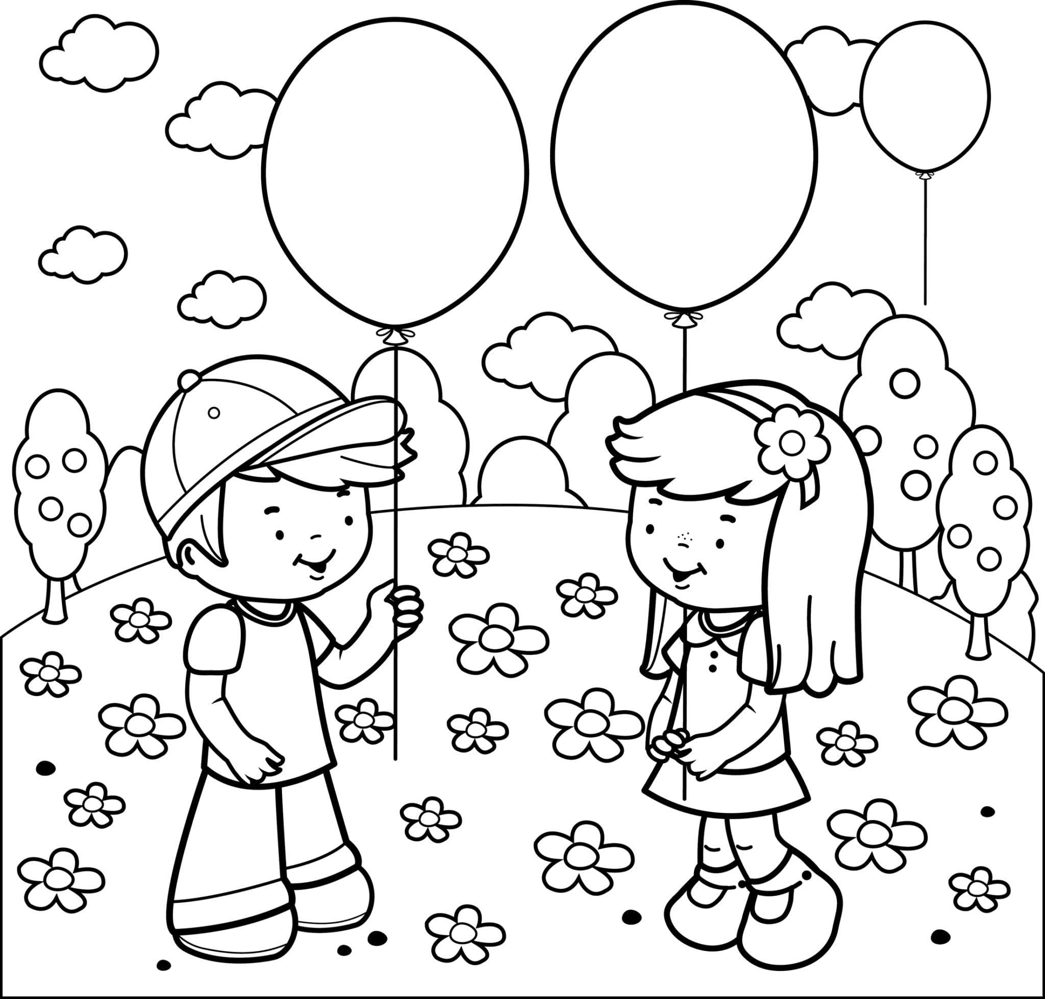 printable coloring page that shows two children holding balloons