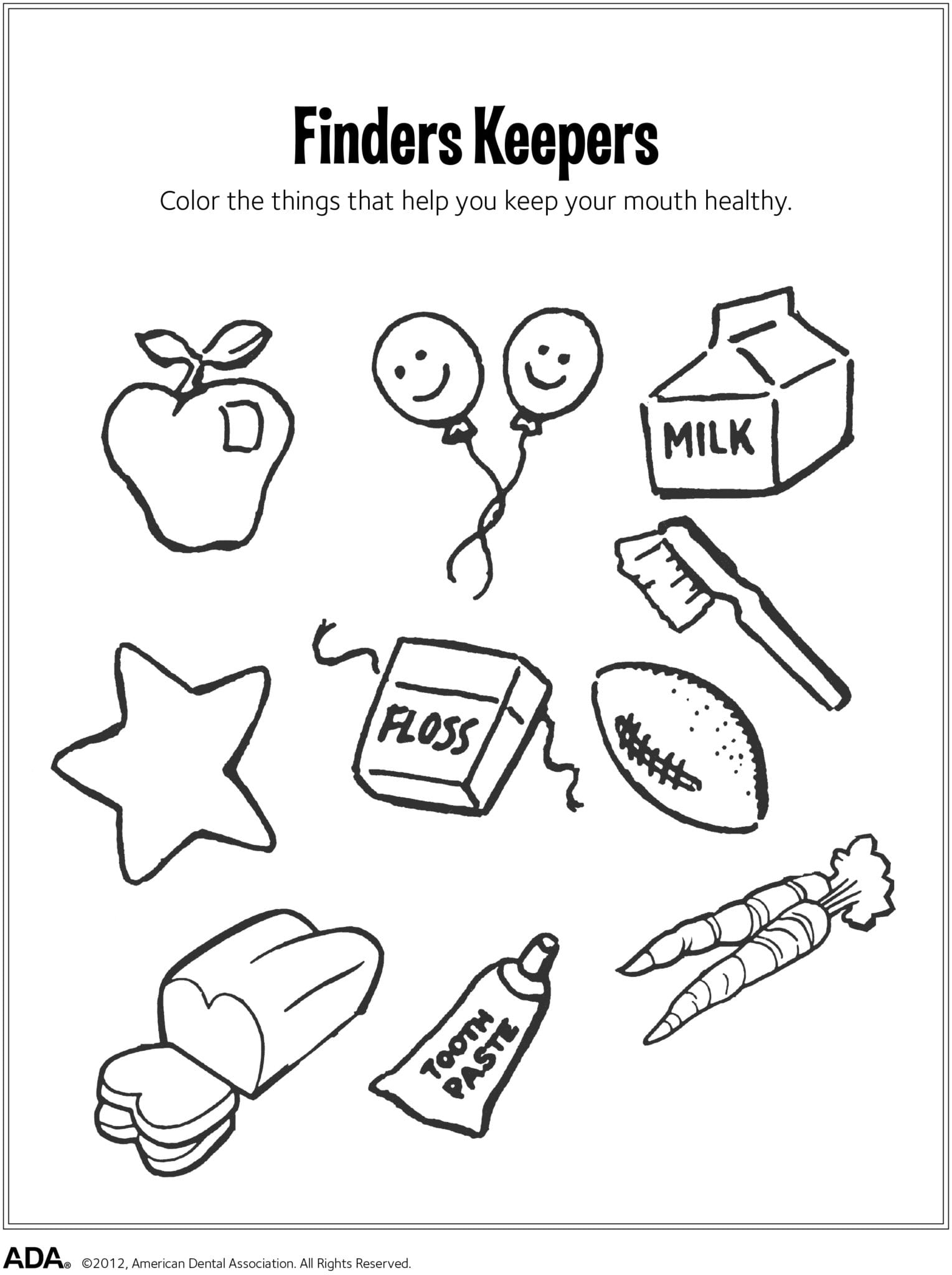 printable coloring page game to help indentify oral health aids