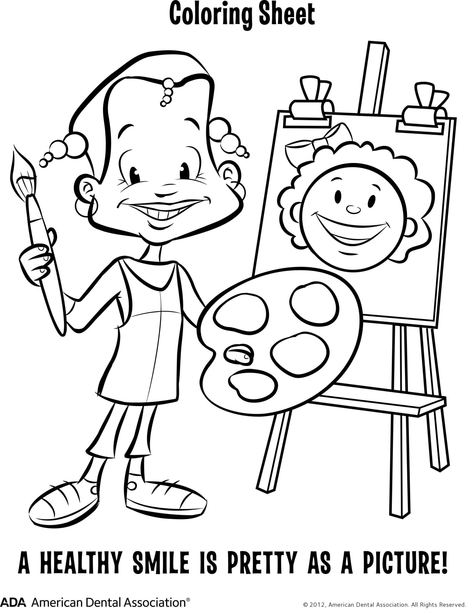 printable coloring page that depicts a child painting a face with a smile
