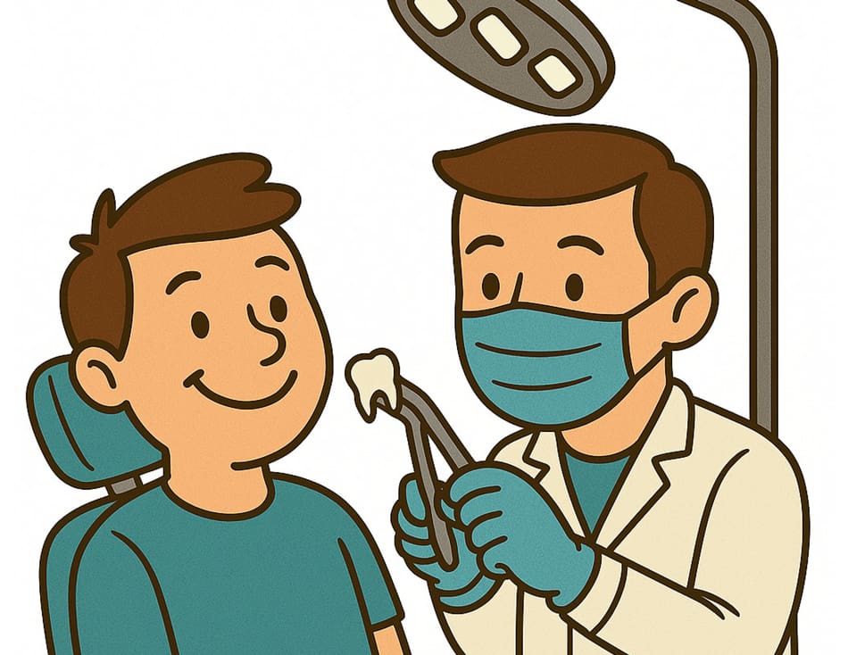 Wisom-tooth-removal-picture Cartoon dentist removing a wisdom tooth from a smiling patient.